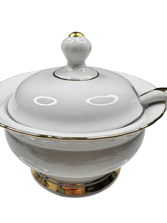 Porcelain Lidded Sugar Bowl White with Gold Trim & Matching Ladle Vintage - Picture 1 of 16